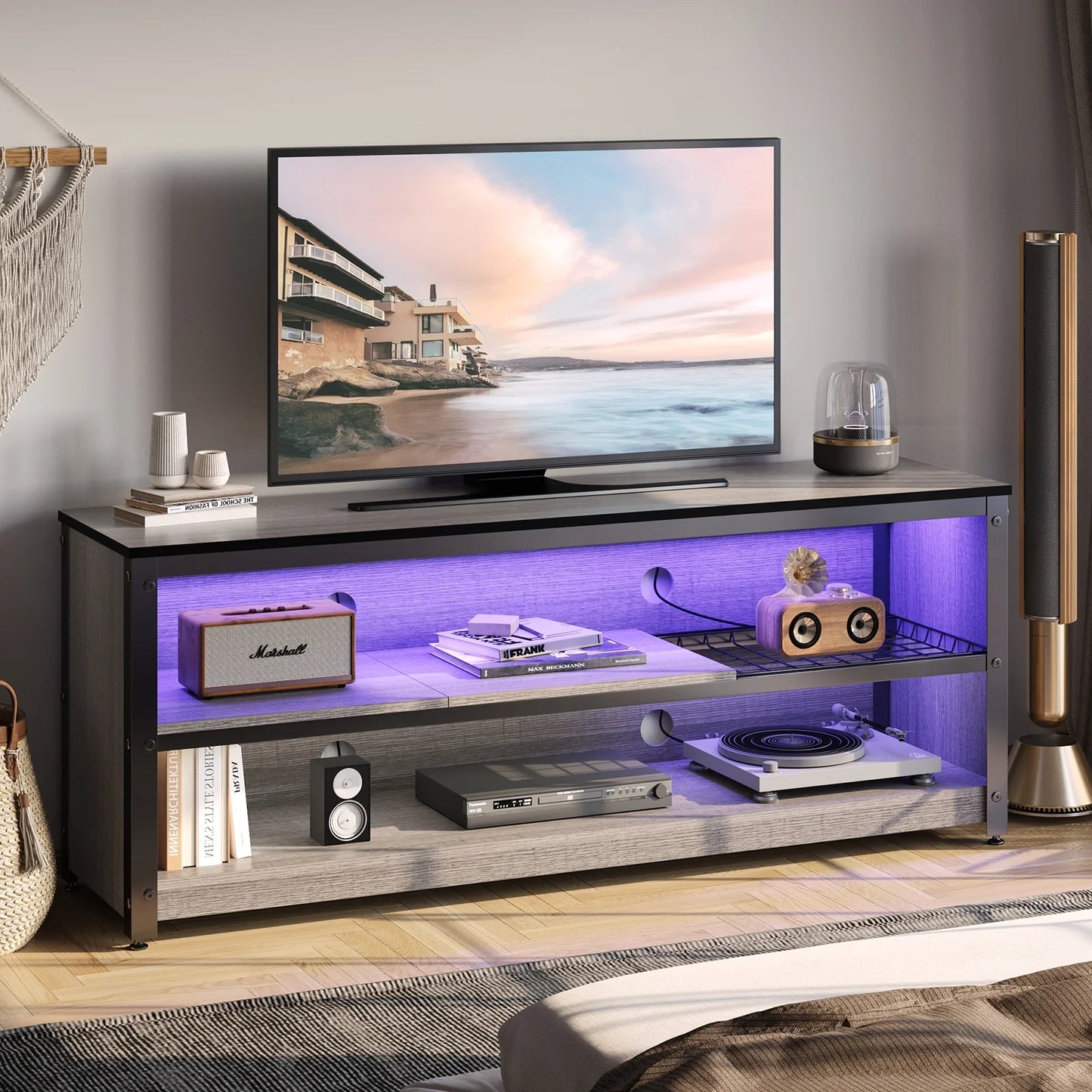 LED TV Stand for 50 55 60 Inch TV, Modern Entertainment Center Media Console with Adjustable Shelf for Living Room Bedroom, Gray