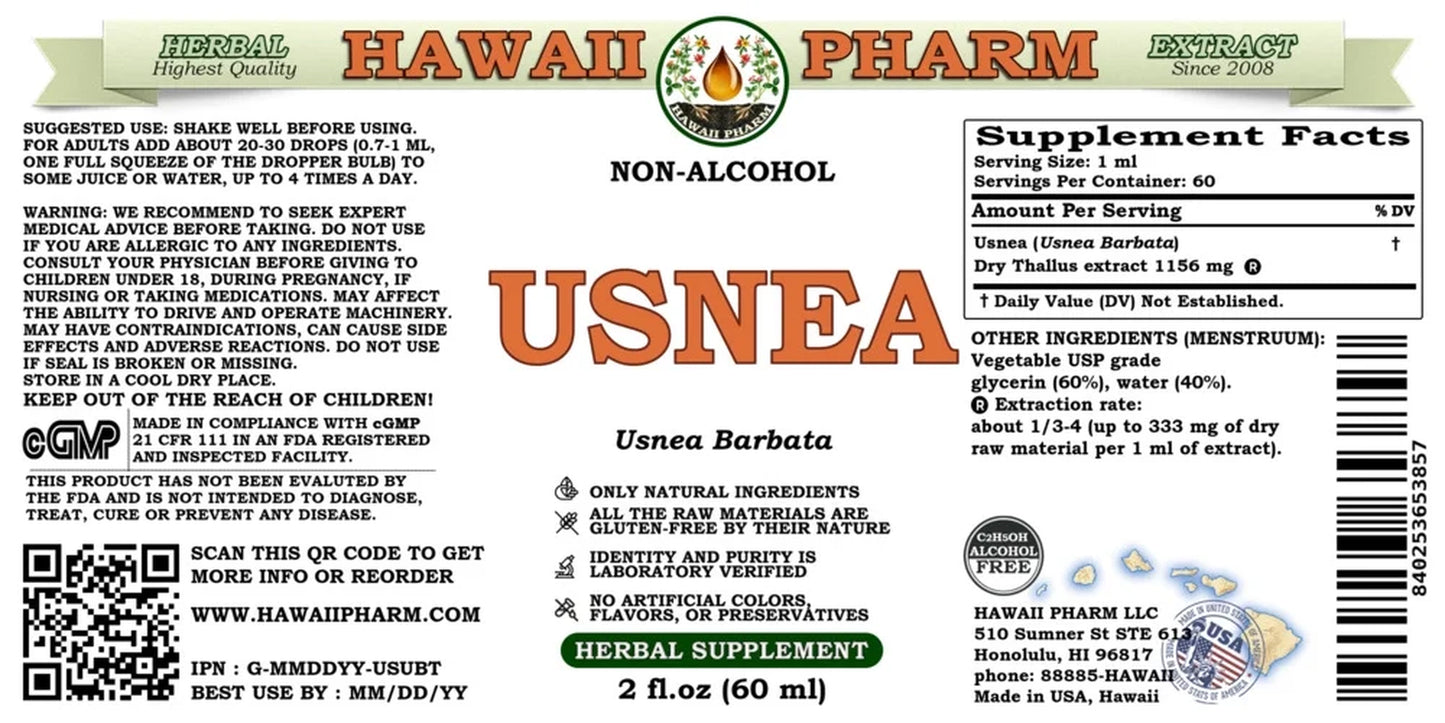 Usnea (Usnea Barbata) Dry Thallus ALCOHOL-FREE Liquid Extract. Expertly Extracted by Trusted Hawaiipharm Brand. Absolutely Natural. Proudly Made in USA. Glycerite 2 Fl.Oz