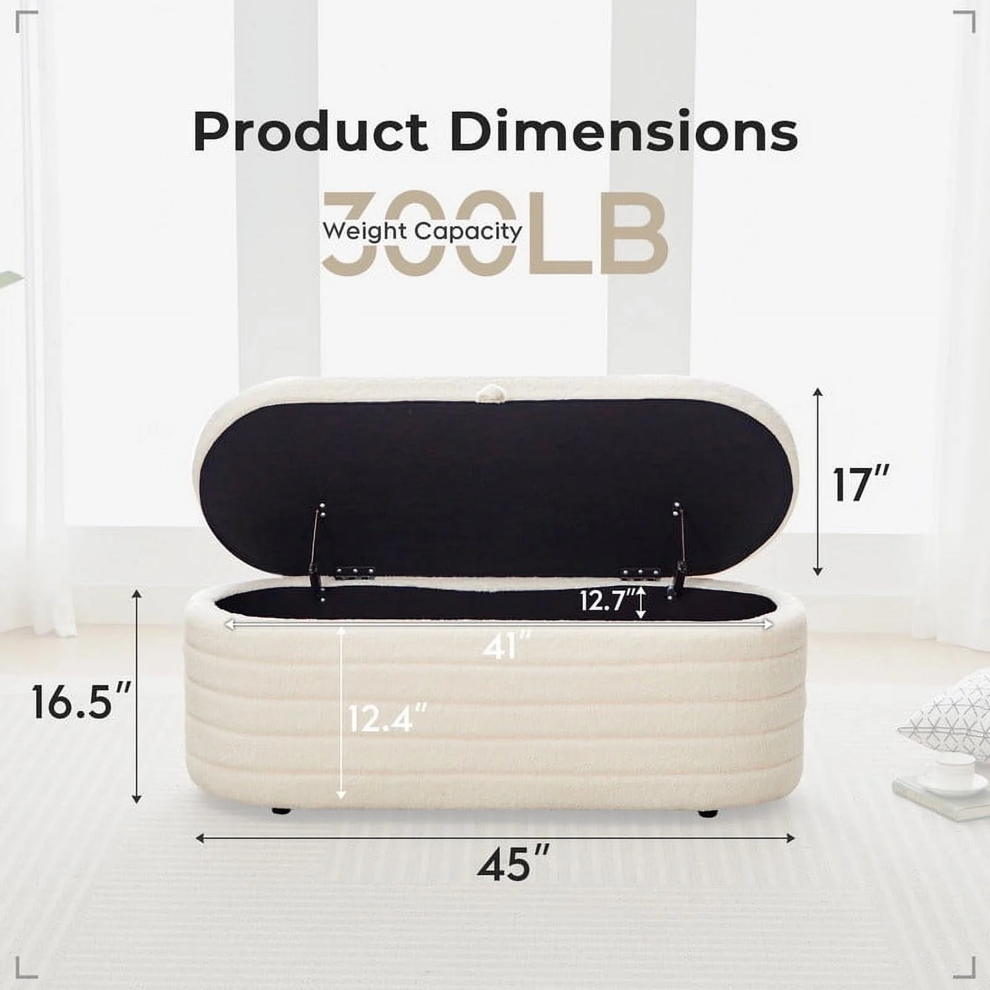 45X16.5 Inch White Teddy Storage Ottoman Bench,Oval Footrest with Anti-Slip Legs