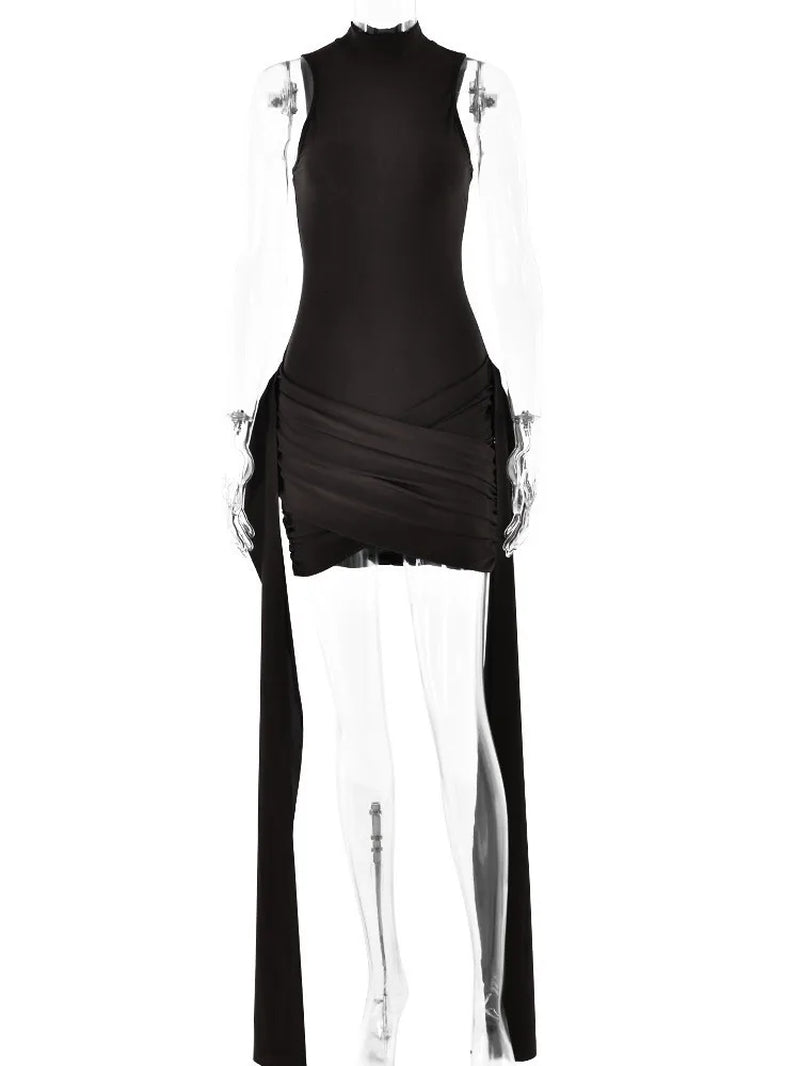 Elegant Sleeveless High Neck Elastic Slim Lace up Dress Women Tight Party Club Evening Dress Elegant Short Dress Vestido all good