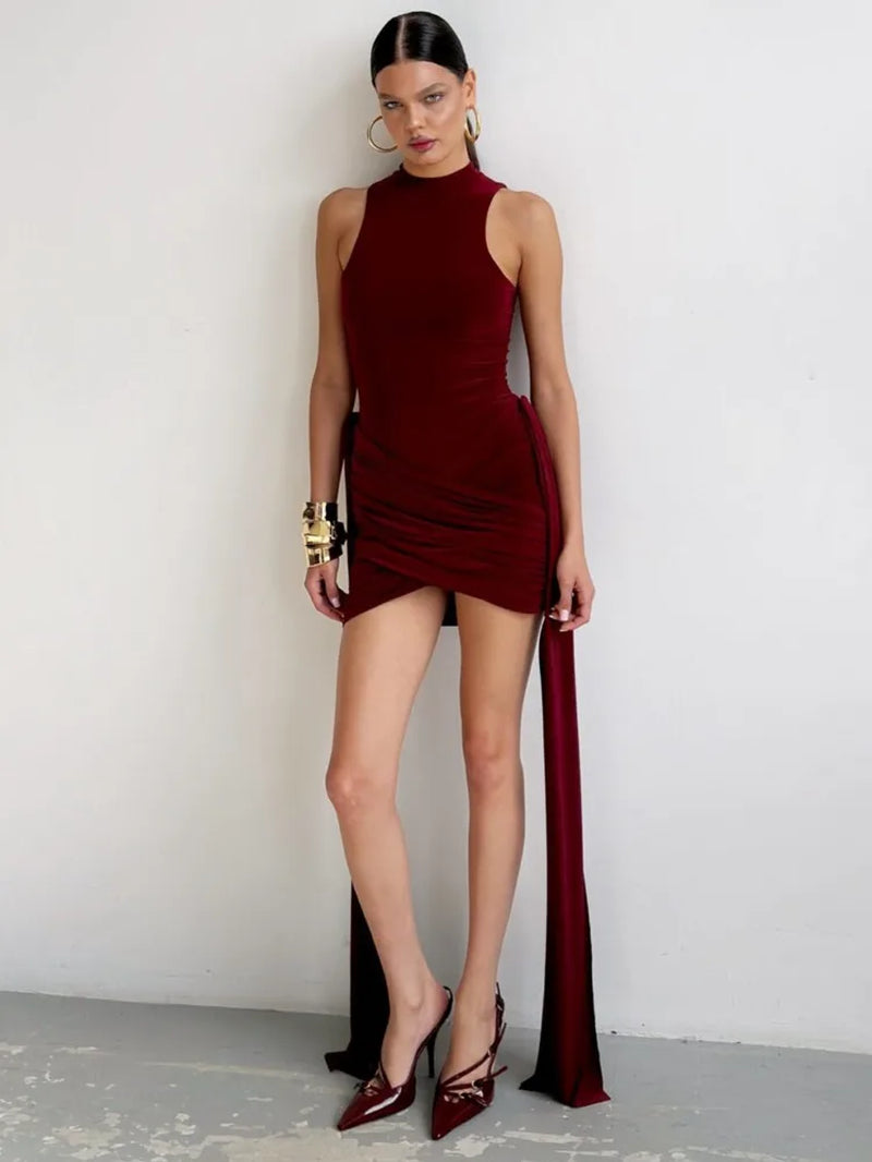 Elegant Sleeveless High Neck Elastic Slim Lace up Dress Women Tight Party Club Evening Dress Elegant Short Dress Vestido all good