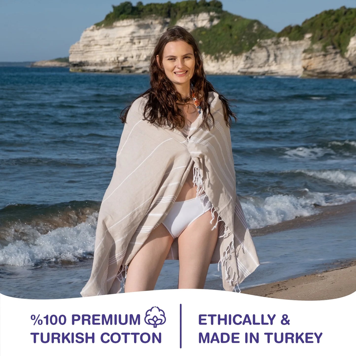 Turkish Beach Towels, Bulk Case of 12 | Oversized, Quick Dry, Sand Free | 100% Cotton, Large 38X71" Towels for Beach, Pool, Travel | Ultra-Soft, Compact, Absorbent | Beige