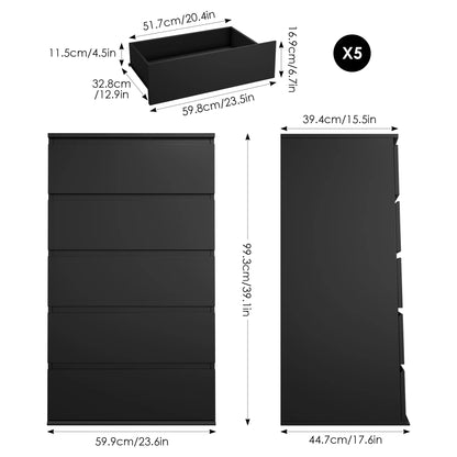 5 Drawer Tall Dresser, Modern Storage Cabinet Wood Bedroom Nightstand for Living Room, Black