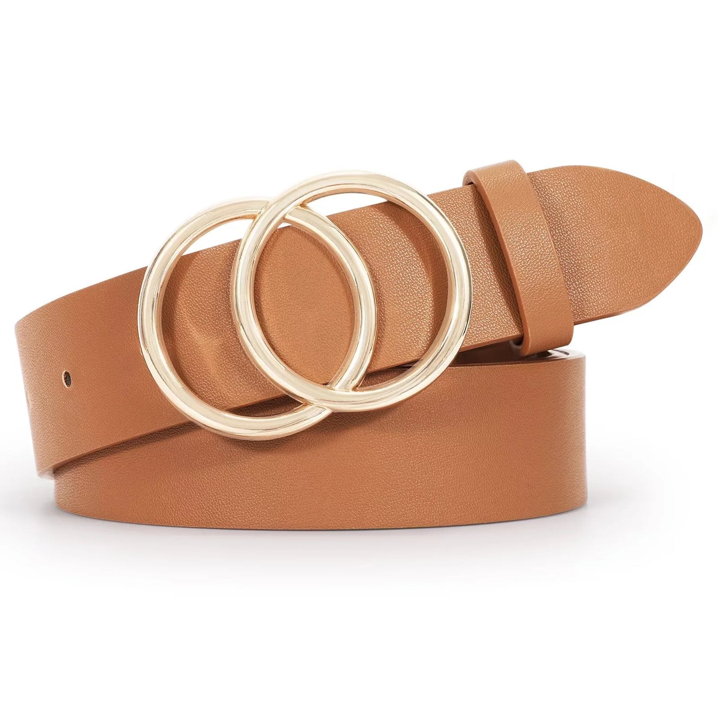 Women Leather Belt with Double Ring Buckle, plus Size Waist Belt for Jeans Dresses
