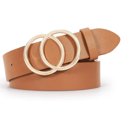 Women Leather Belt with Double Ring Buckle, plus Size Waist Belt for Jeans Dresses