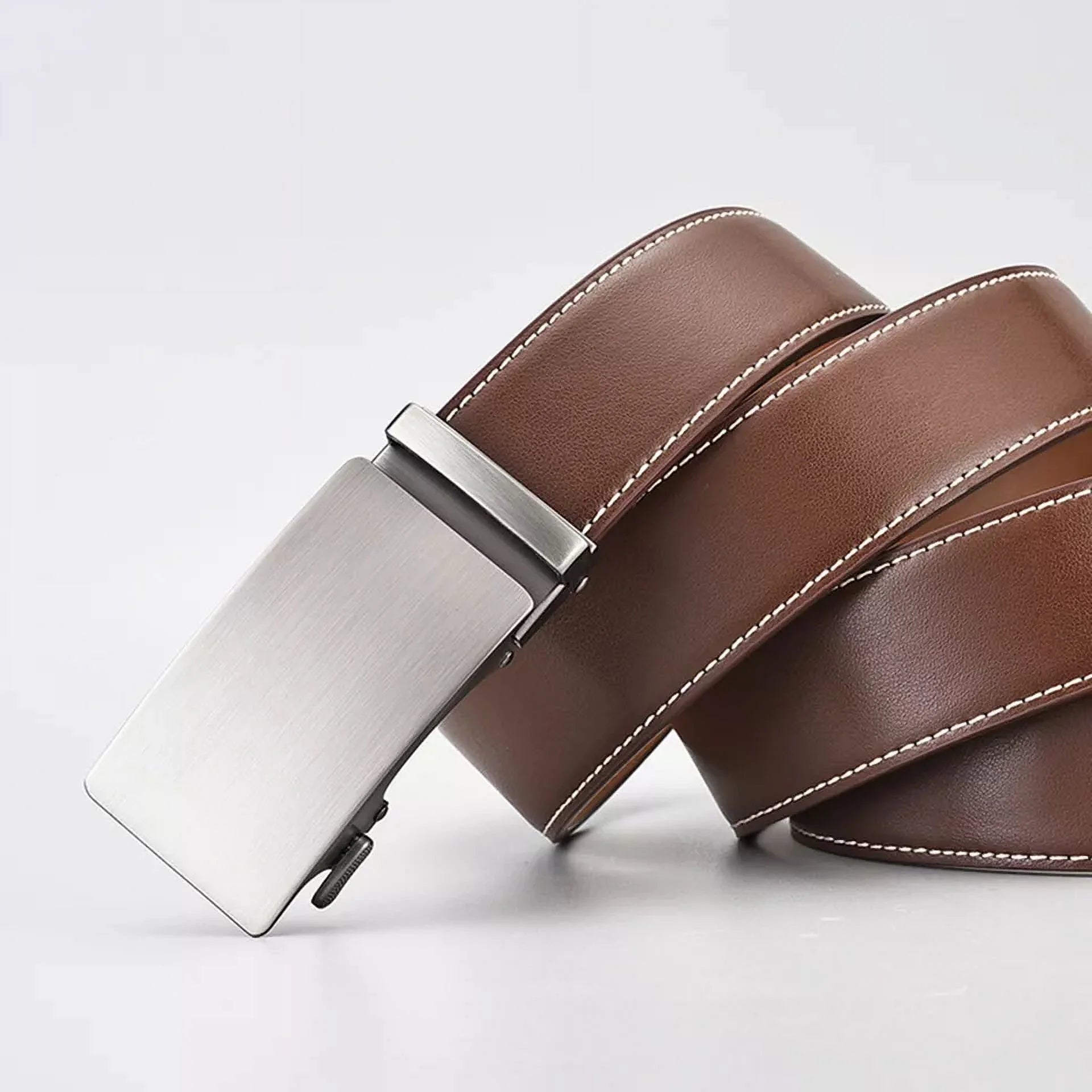Mens Genuine Leather Ratchet Belts Adjustable Automatic Buckle Size 30-42 Brown