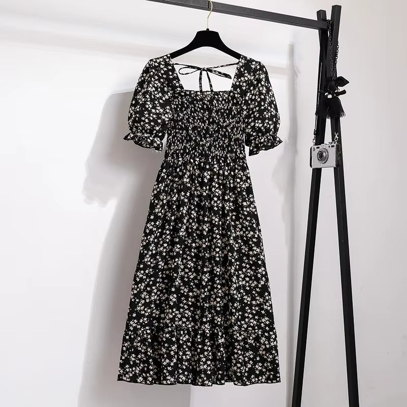 Spring Summer Chiffon Dresses Fashion Female Elastic Waist Short Sleeve Pleated Casual Dress Women A-Line Dresses Vestidos all good
