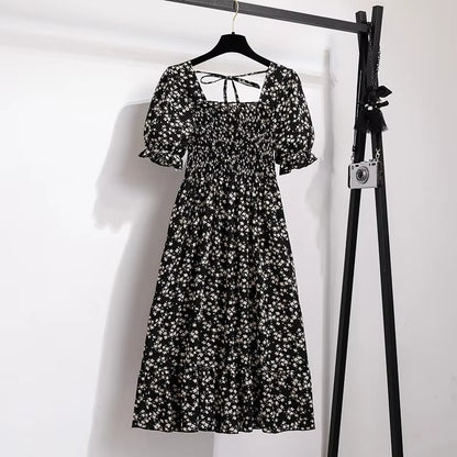 Spring Summer Chiffon Dresses Fashion Female Elastic Waist Short Sleeve Pleated Casual Dress Women A-Line Dresses Vestidos all good