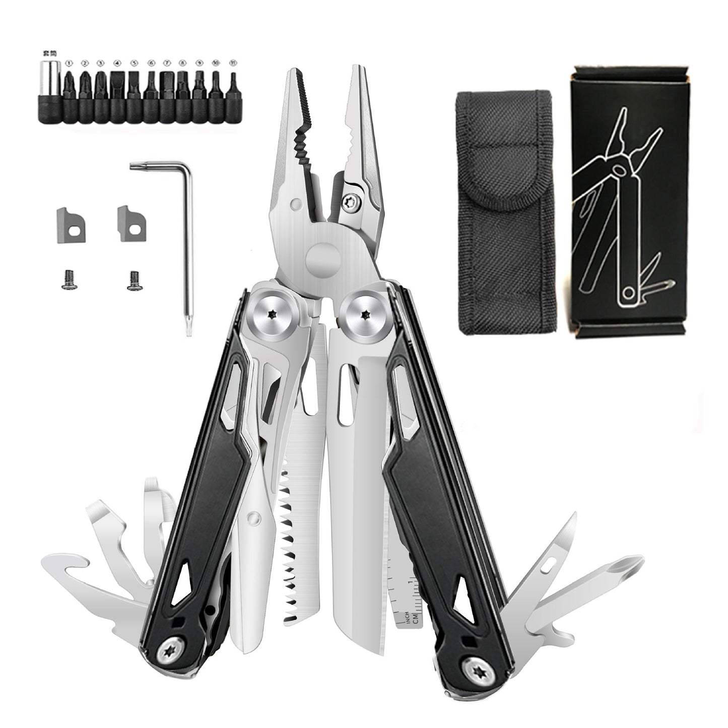 Foldable Multitools with Scissors and Screwdriver Stainless Steel Multi Tool Pliers with Replaceable Wire Cutters and Saw-6