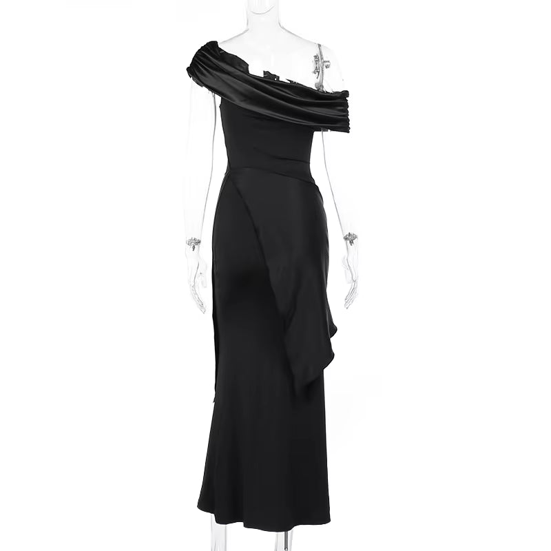 New Party Evening Dresses Elegant Black Slash Neck Maxi Dress for Women Fashion Short Sleeve Bodycon Banquet Vestidos Female all good