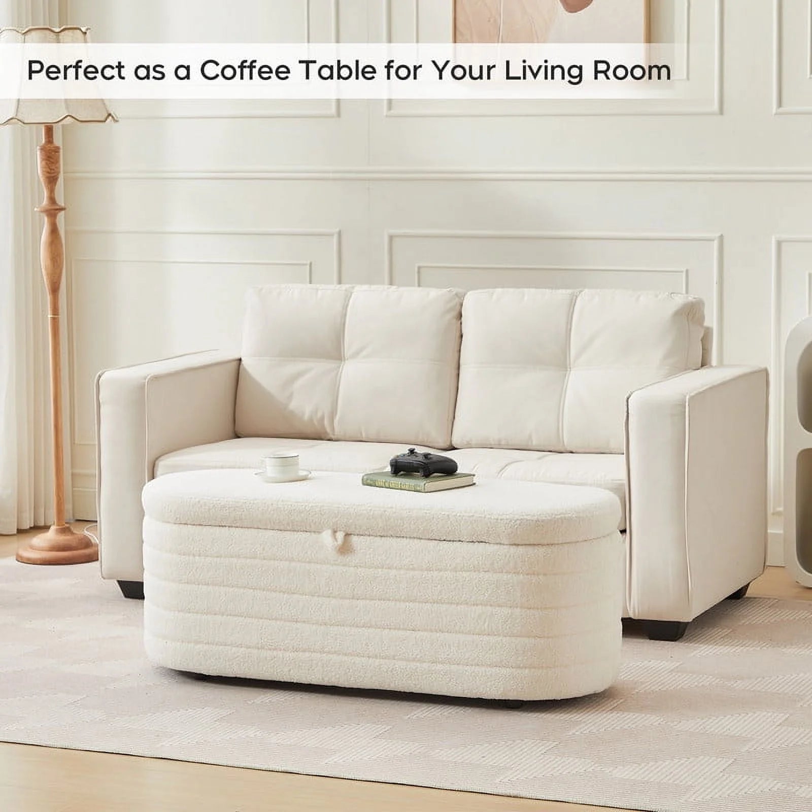 45X16.5 Inch White Teddy Storage Ottoman Bench,Oval Footrest with Anti-Slip Legs