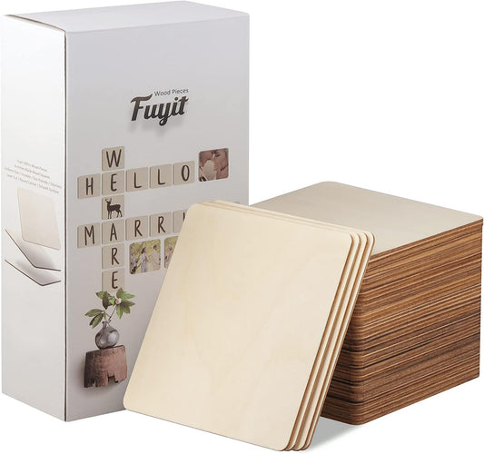 Fuyit Unfinished Wood Pieces, 50Pcs 6 X 6 Inch Blank Natural Wood Square Wooden Cutouts Board for DIY Crafts Painting, Scrabble Tiles, Coasters, Decoration