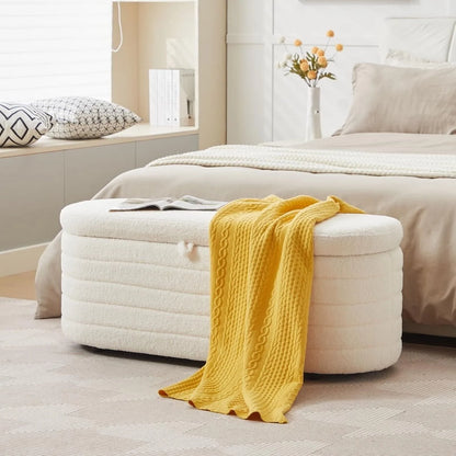 45X16.5 Inch White Teddy Storage Ottoman Bench,Oval Footrest with Anti-Slip Legs