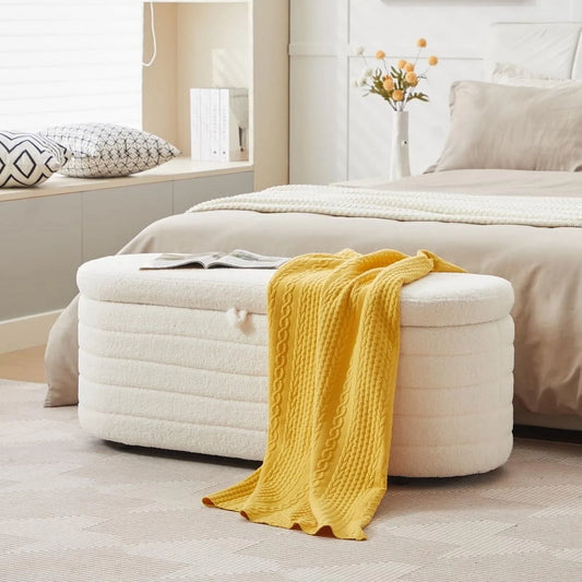 45X16.5 Inch White Teddy Storage Ottoman Bench,Oval Footrest with Anti-Slip Legs