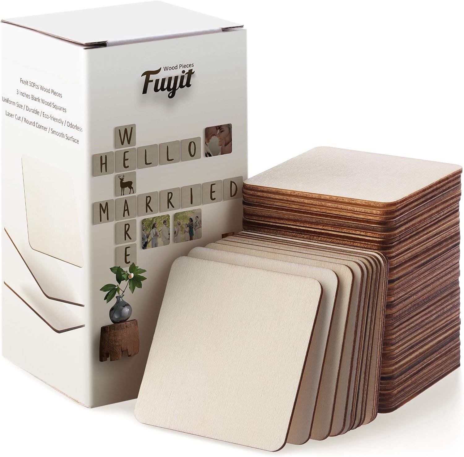 Fuyit Unfinished Wood Pieces, 50Pcs 6 X 6 Inch Blank Natural Wood Square Wooden Cutouts Board for DIY Crafts Painting, Scrabble Tiles, Coasters, Decoration
