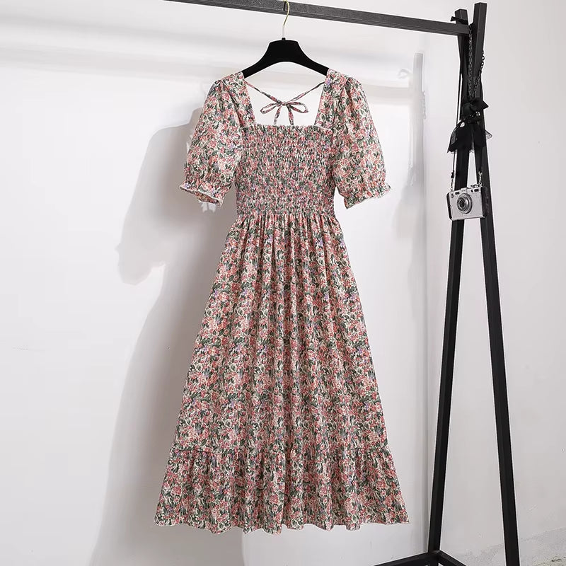 Spring Summer Chiffon Dresses Fashion Female Elastic Waist Short Sleeve Pleated Casual Dress Women A-Line Dresses Vestidos all good