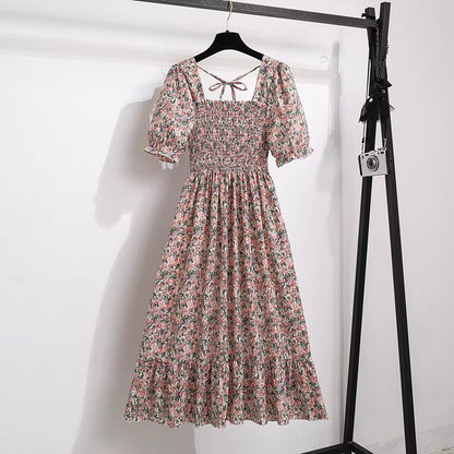 Spring Summer Chiffon Dresses Fashion Female Elastic Waist Short Sleeve Pleated Casual Dress Women A-Line Dresses Vestidos all good
