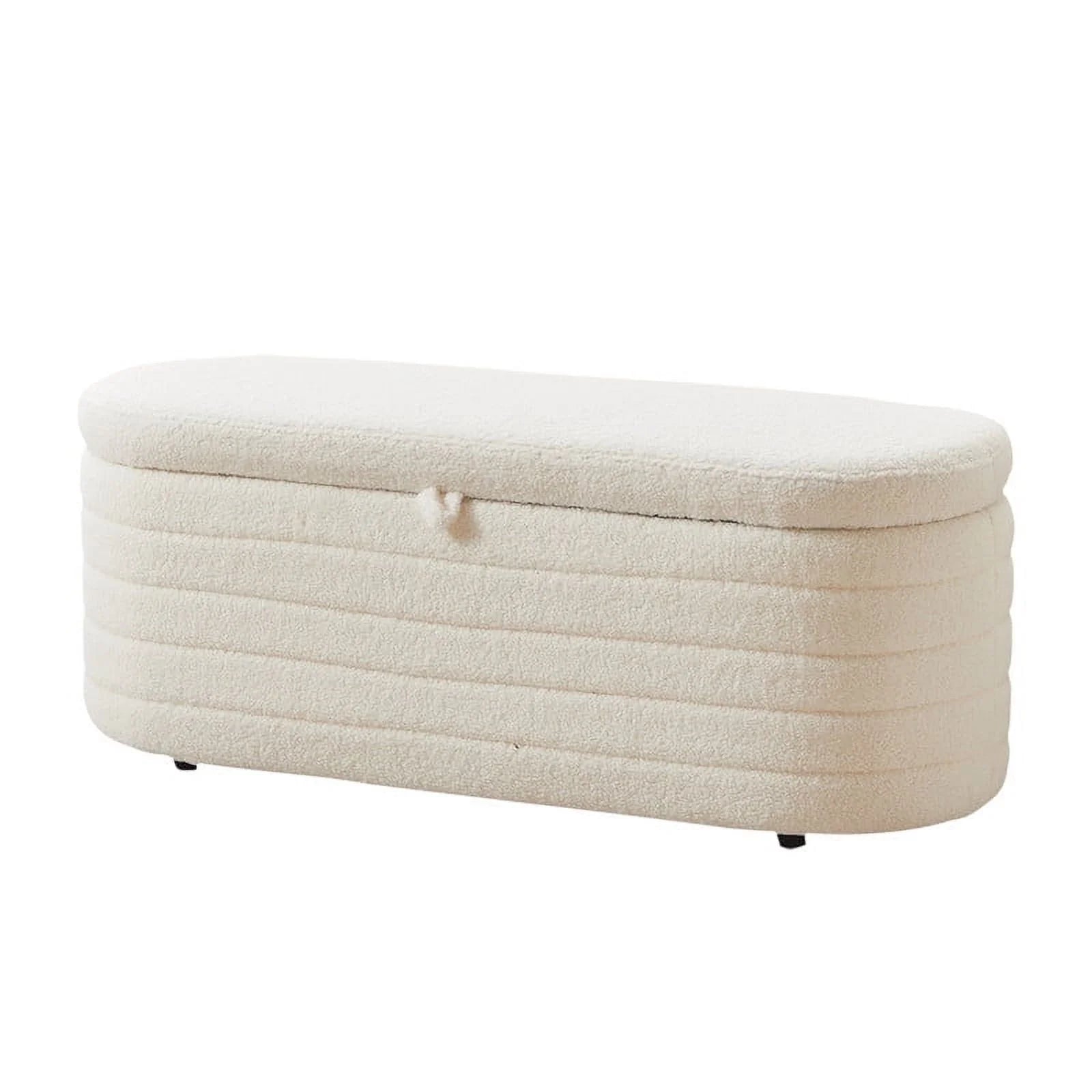 45X16.5 Inch White Teddy Storage Ottoman Bench,Oval Footrest with Anti-Slip Legs
