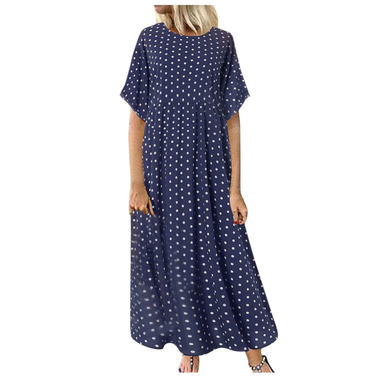 plus Size Summer Dresses Maxi Dresses for Women 2023 Cal Short Sleeve Polka Dot Printed Dress Retro Beach Dress plus Size Flowy Dresses for Women Blue Xl