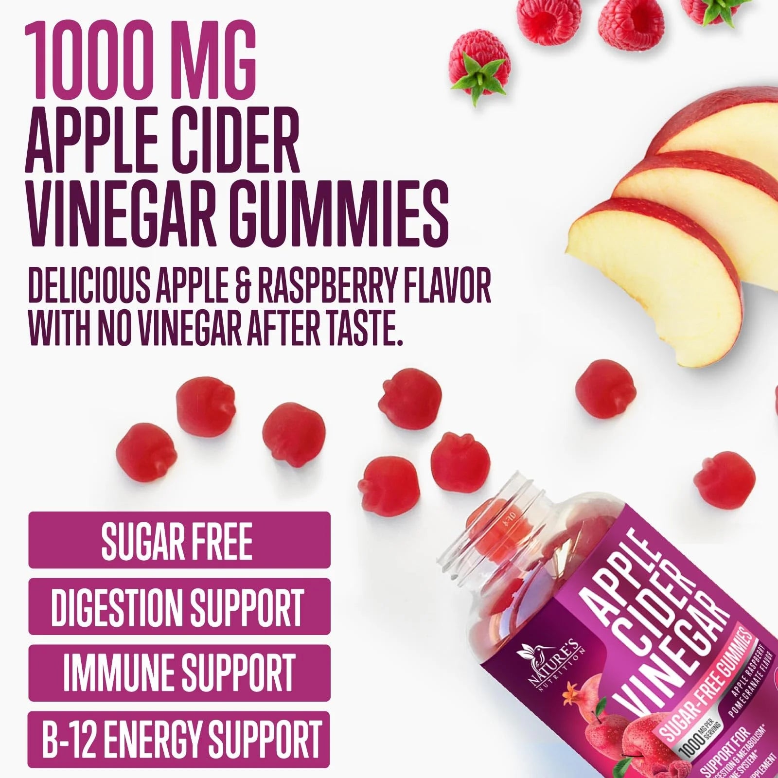 Apple Cider Vinegar Gummies Sugar Free 1000Mg for Cleanse, ACV Gummy Vitamin B12 for Digestion Energy & Immune Health Support, Supports Metabolism, Keto Friendly, Apple Raspberry Flavor - 120 Gummies