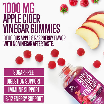 Apple Cider Vinegar Gummies Sugar Free 1000Mg for Cleanse, ACV Gummy Vitamin B12 for Digestion Energy & Immune Health Support, Supports Metabolism, Keto Friendly, Apple Raspberry Flavor - 120 Gummies