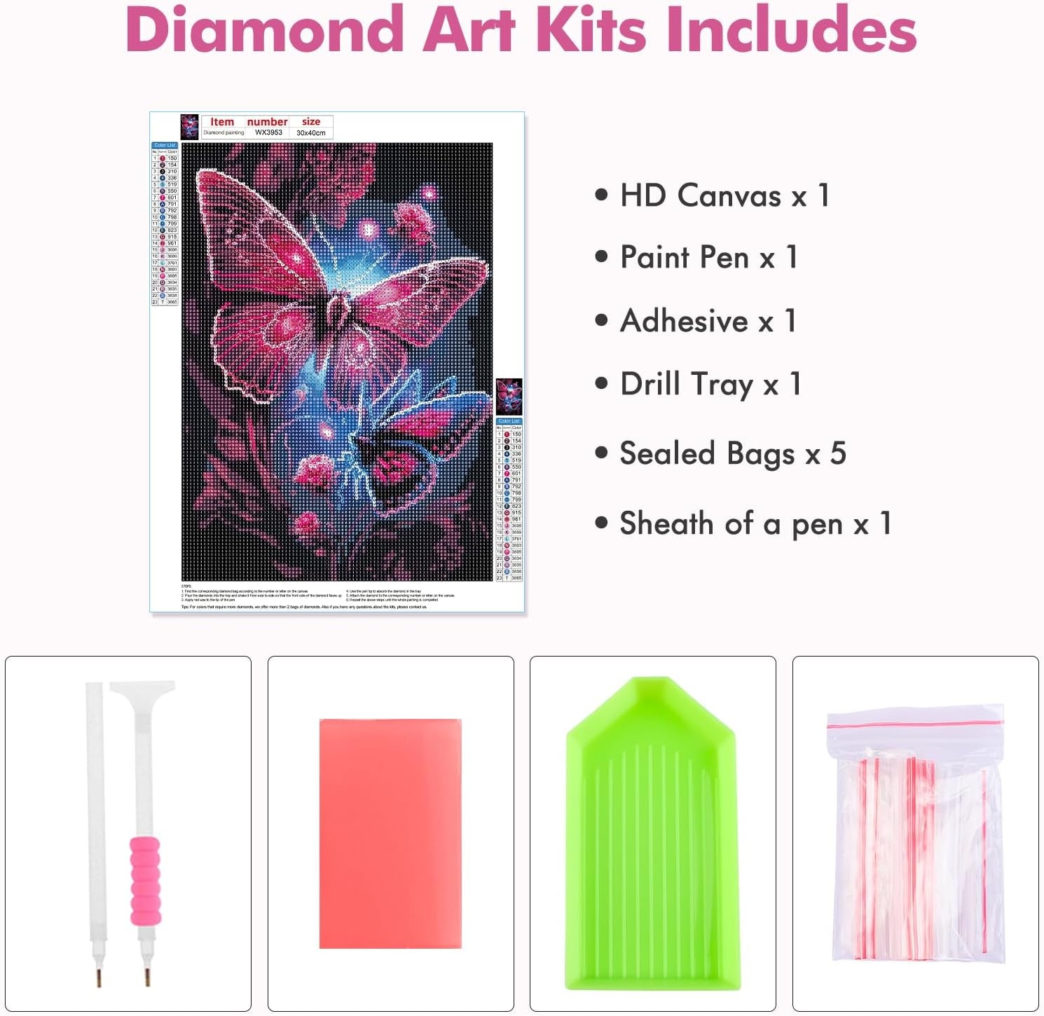 Pink Butterfly Diamond Painting Kits for Adults, Full Drill Flowers Diamond Art Kits for Beginner, DIY 5D Animal Diamond Dots Kit Crystal Crafts for Home Art Decor 12X16 Inch