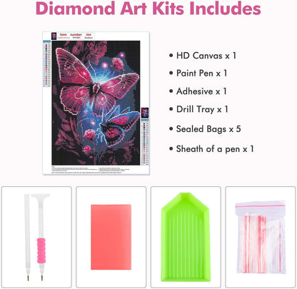 Pink Butterfly Diamond Painting Kits for Adults, Full Drill Flowers Diamond Art Kits for Beginner, DIY 5D Animal Diamond Dots Kit Crystal Crafts for Home Art Decor 12X16 Inch