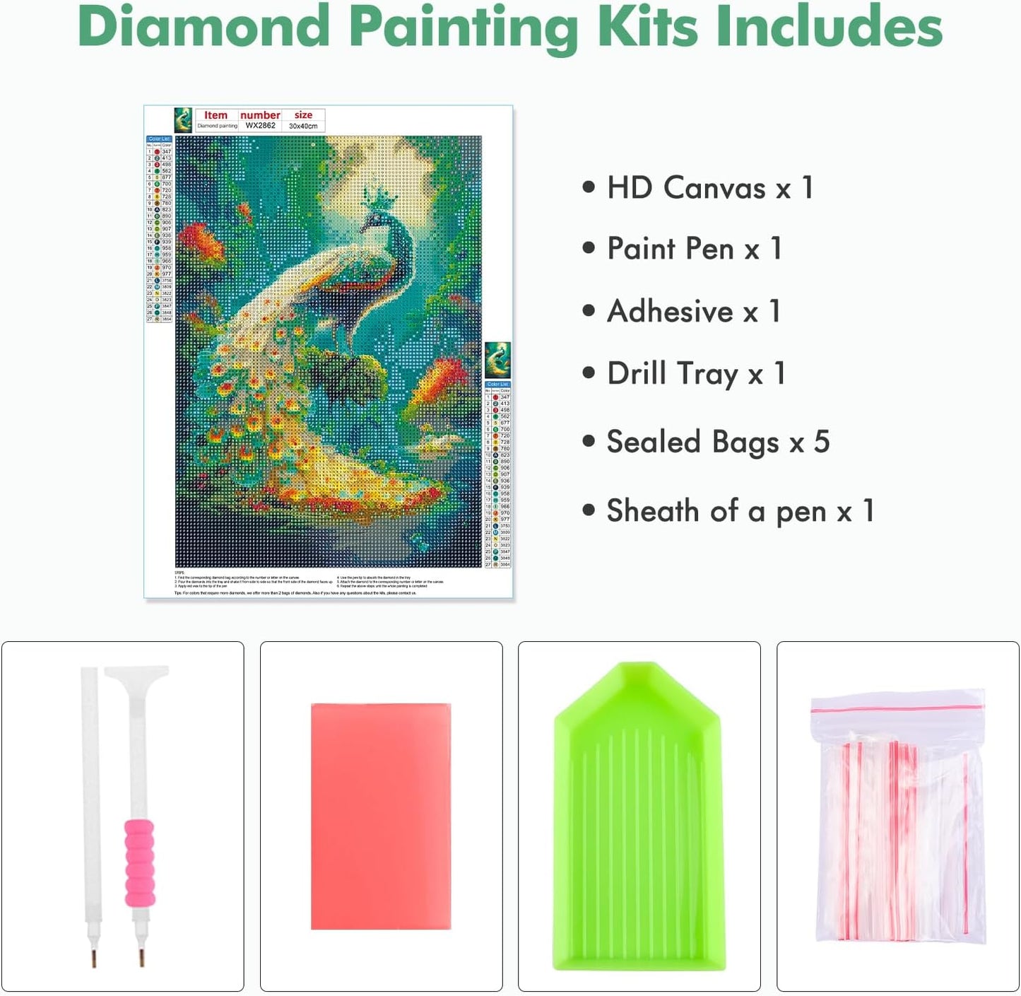 Peacock 2 DIY Art Kit, 5D Diamond Painting for Adults & Kids, 30X20Cm Decor