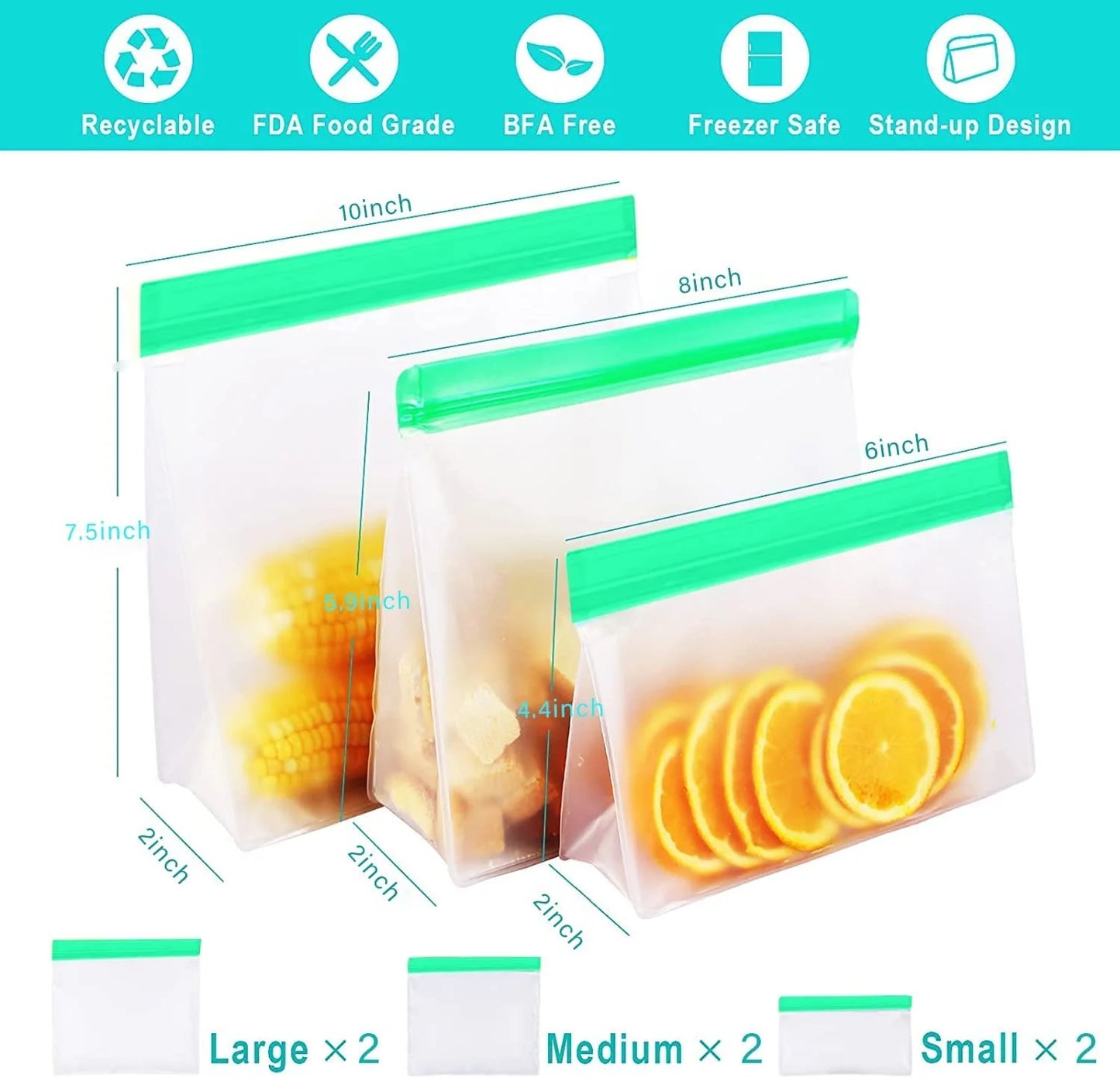 Reusable Freezer Ziplock Bags, 6 Pack Kitchen Food Storage Bags, Eco-Friendly and Leakproof Reusable Bags for Fridge Organisation, Fridge Freezer Organiser Baby Pouch Kitchen Storage Gadgets Tools