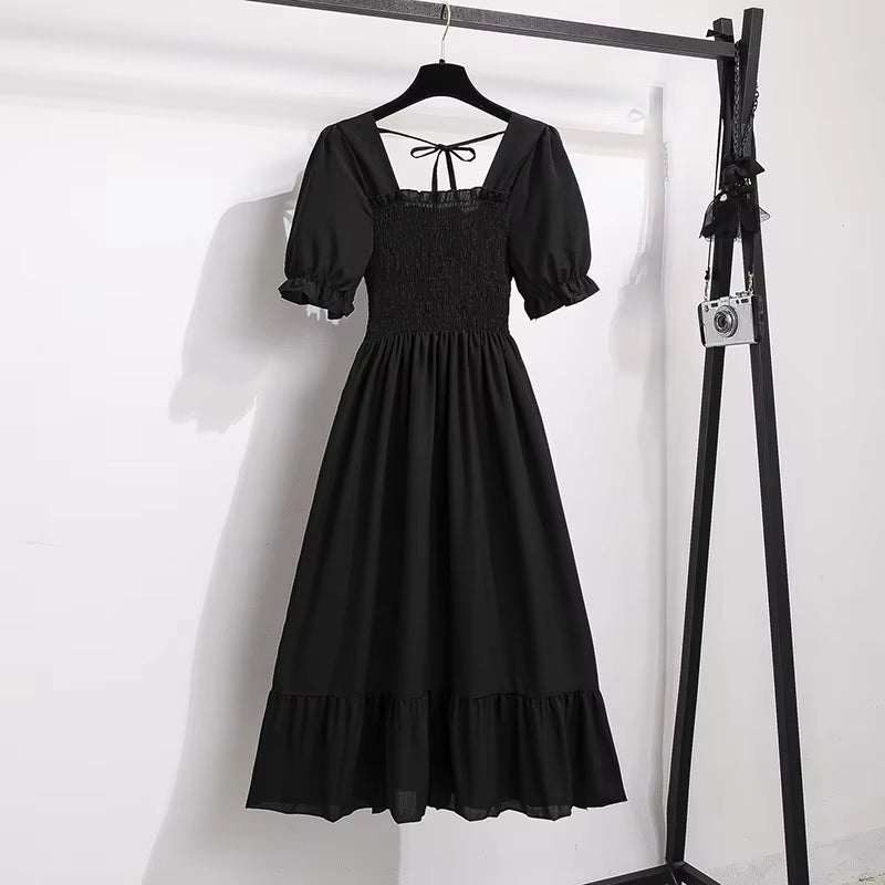 Spring Summer Chiffon Dresses Fashion Female Elastic Waist Short Sleeve Pleated Casual Dress Women A-Line Dresses Vestidos all good