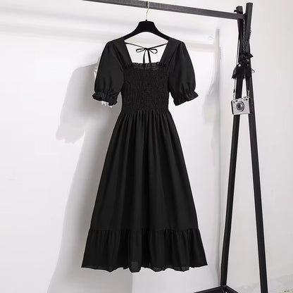 Spring Summer Chiffon Dresses Fashion Female Elastic Waist Short Sleeve Pleated Casual Dress Women A-Line Dresses Vestidos all good