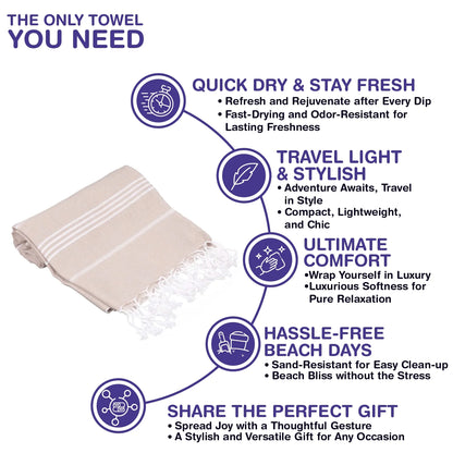 Turkish Beach Towels, Bulk Case of 12 | Oversized, Quick Dry, Sand Free | 100% Cotton, Large 38X71" Towels for Beach, Pool, Travel | Ultra-Soft, Compact, Absorbent | Beige