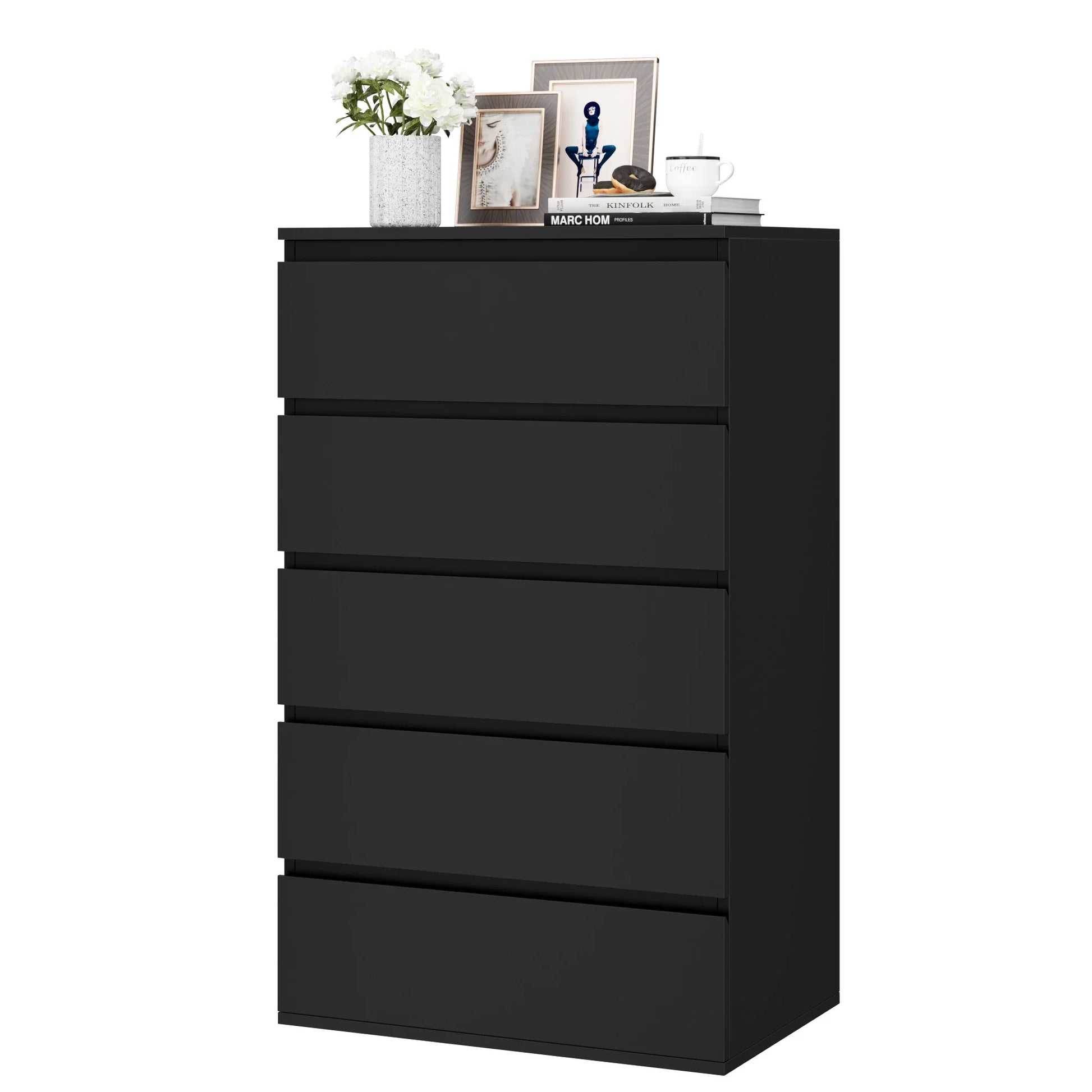 5 Drawer Tall Dresser, Modern Storage Cabinet Wood Bedroom Nightstand for Living Room, Black