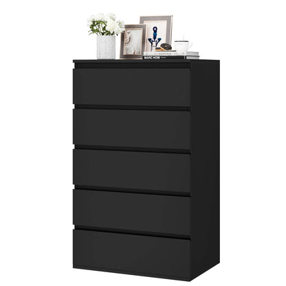 5 Drawer Tall Dresser, Modern Storage Cabinet Wood Bedroom Nightstand for Living Room, Black