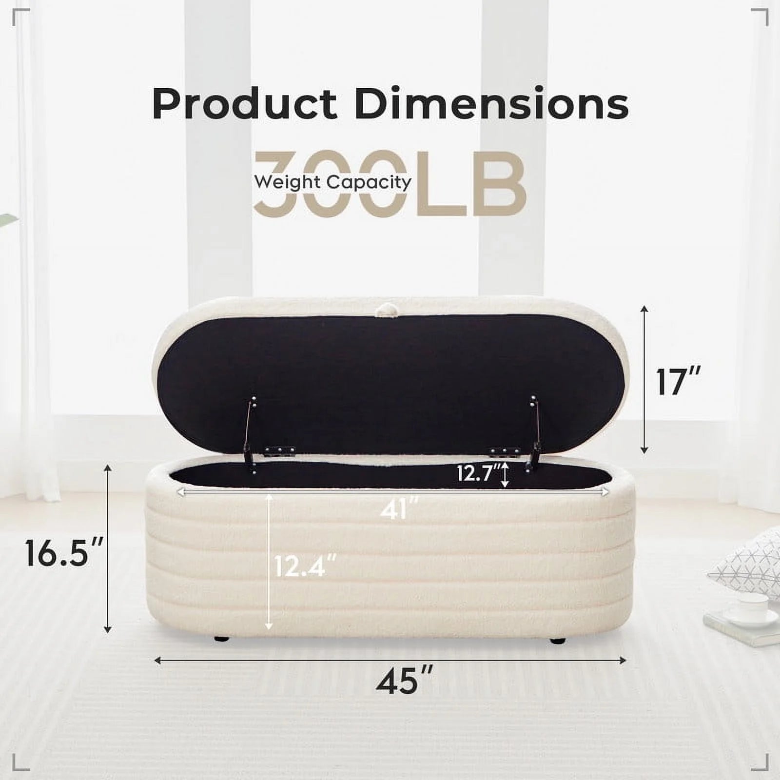 45X16.5 Inch White Teddy Storage Ottoman Bench,Oval Footrest with Anti-Slip Legs