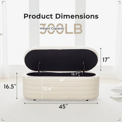 45X16.5 Inch White Teddy Storage Ottoman Bench,Oval Footrest with Anti-Slip Legs