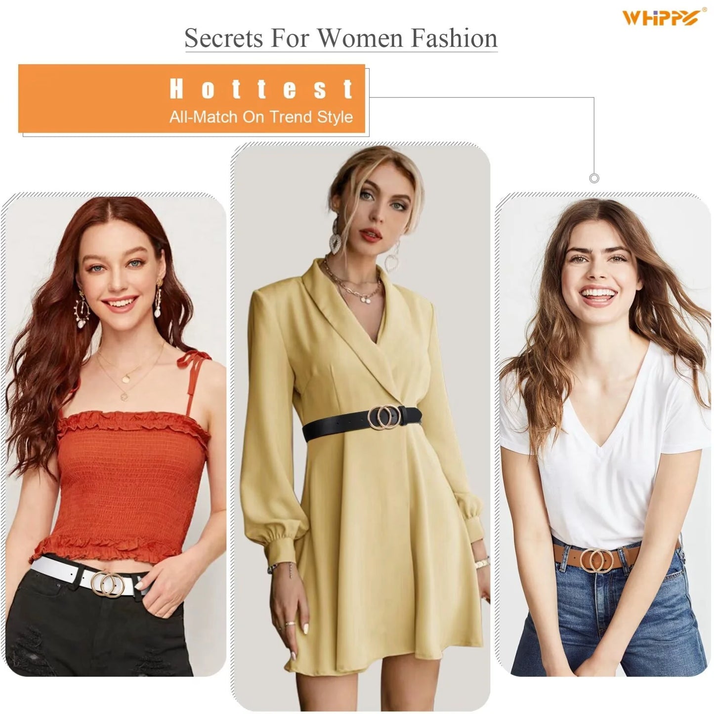 Women Leather Belt with Double Ring Buckle, plus Size Waist Belt for Jeans Dresses