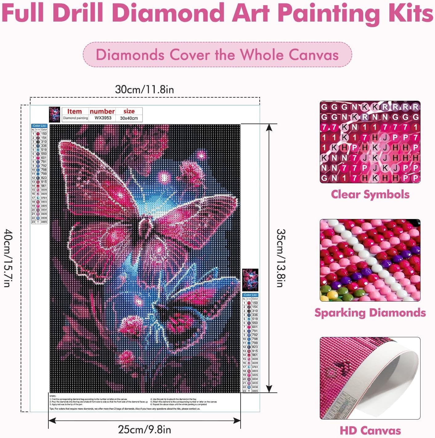 Pink Butterfly Diamond Painting Kits for Adults, Full Drill Flowers Diamond Art Kits for Beginner, DIY 5D Animal Diamond Dots Kit Crystal Crafts for Home Art Decor 12X16 Inch