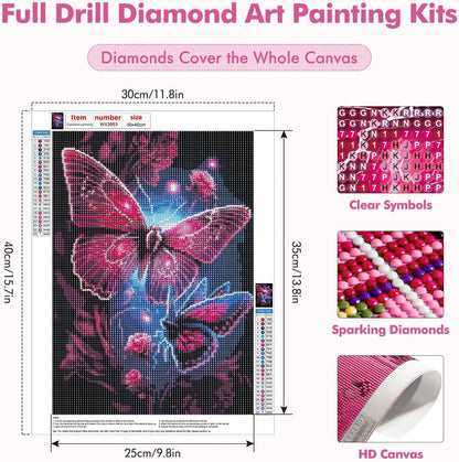 Pink Butterfly Diamond Painting Kits for Adults, Full Drill Flowers Diamond Art Kits for Beginner, DIY 5D Animal Diamond Dots Kit Crystal Crafts for Home Art Decor 12X16 Inch