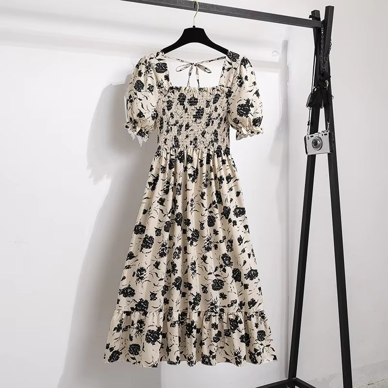 Spring Summer Chiffon Dresses Fashion Female Elastic Waist Short Sleeve Pleated Casual Dress Women A-Line Dresses Vestidos all good