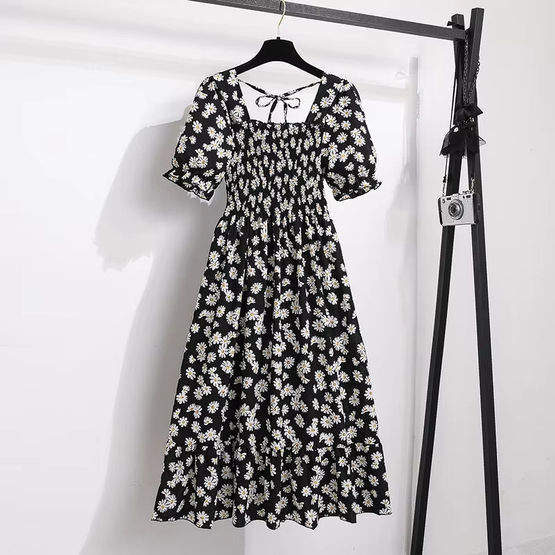Spring Summer Chiffon Dresses Fashion Female Elastic Waist Short Sleeve Pleated Casual Dress Women A-Line Dresses Vestidos all good