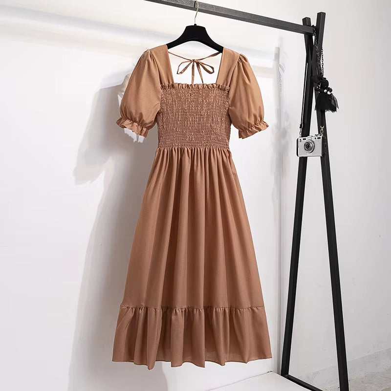 Spring Summer Chiffon Dresses Fashion Female Elastic Waist Short Sleeve Pleated Casual Dress Women A-Line Dresses Vestidos all good