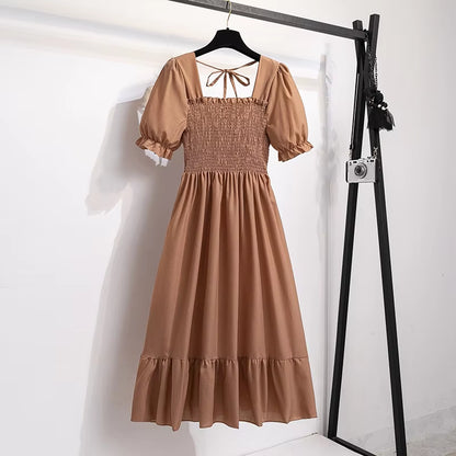 Spring Summer Chiffon Dresses Fashion Female Elastic Waist Short Sleeve Pleated Casual Dress Women A-Line Dresses Vestidos all good