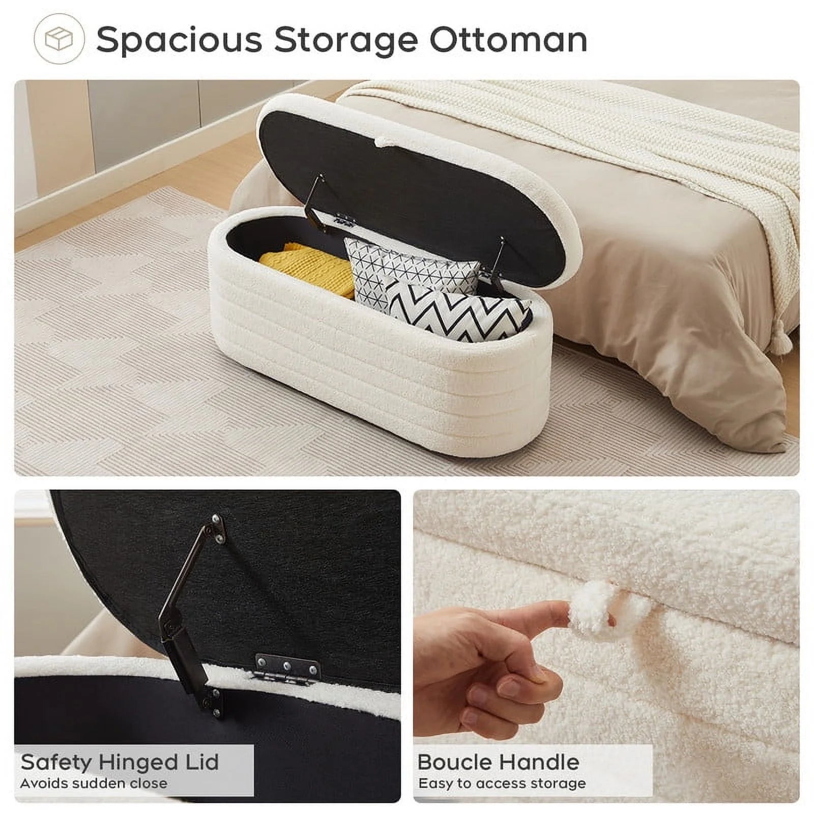 45X16.5 Inch White Teddy Storage Ottoman Bench,Oval Footrest with Anti-Slip Legs