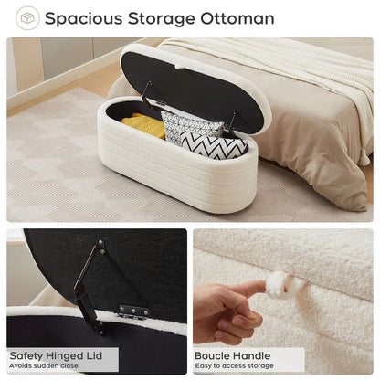 45X16.5 Inch White Teddy Storage Ottoman Bench,Oval Footrest with Anti-Slip Legs