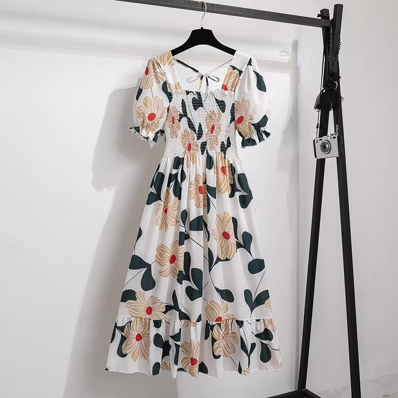Spring Summer Chiffon Dresses Fashion Female Elastic Waist Short Sleeve Pleated Casual Dress Women A-Line Dresses Vestidos all good