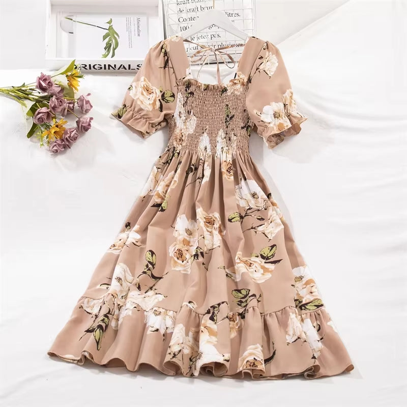 Spring Summer Chiffon Dresses Fashion Female Elastic Waist Short Sleeve Pleated Casual Dress Women A-Line Dresses Vestidos all good
