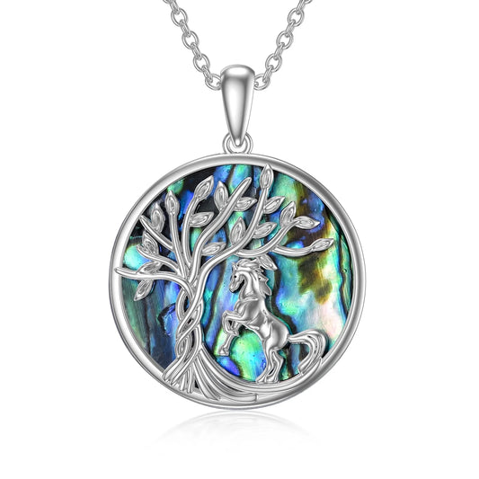 Birthday Gifts for Women Horse Necklace 925 Sterling Silver Tree of Life Horse Pendant Necklaces with Abalone Shell Animals Jewelry Graduation Gifts for Women
