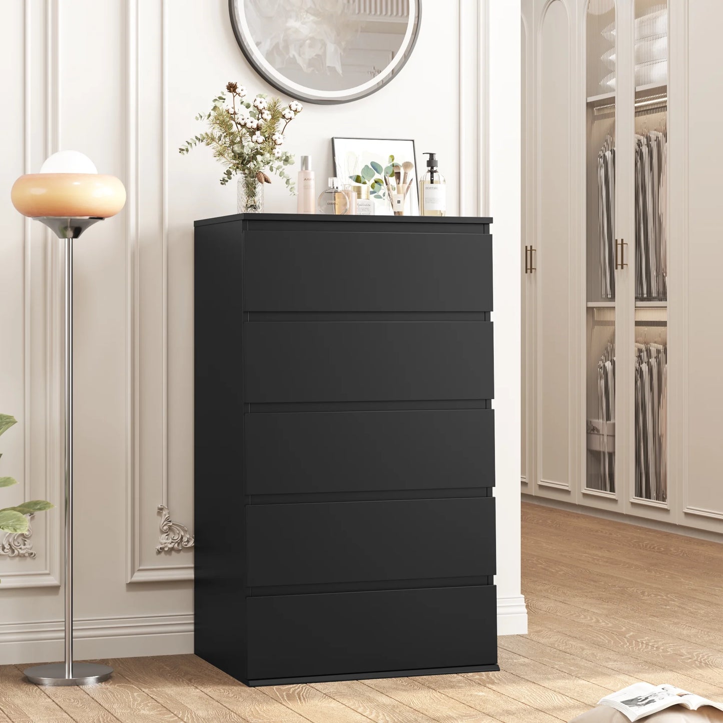 5 Drawer Tall Dresser, Modern Storage Cabinet Wood Bedroom Nightstand for Living Room, Black