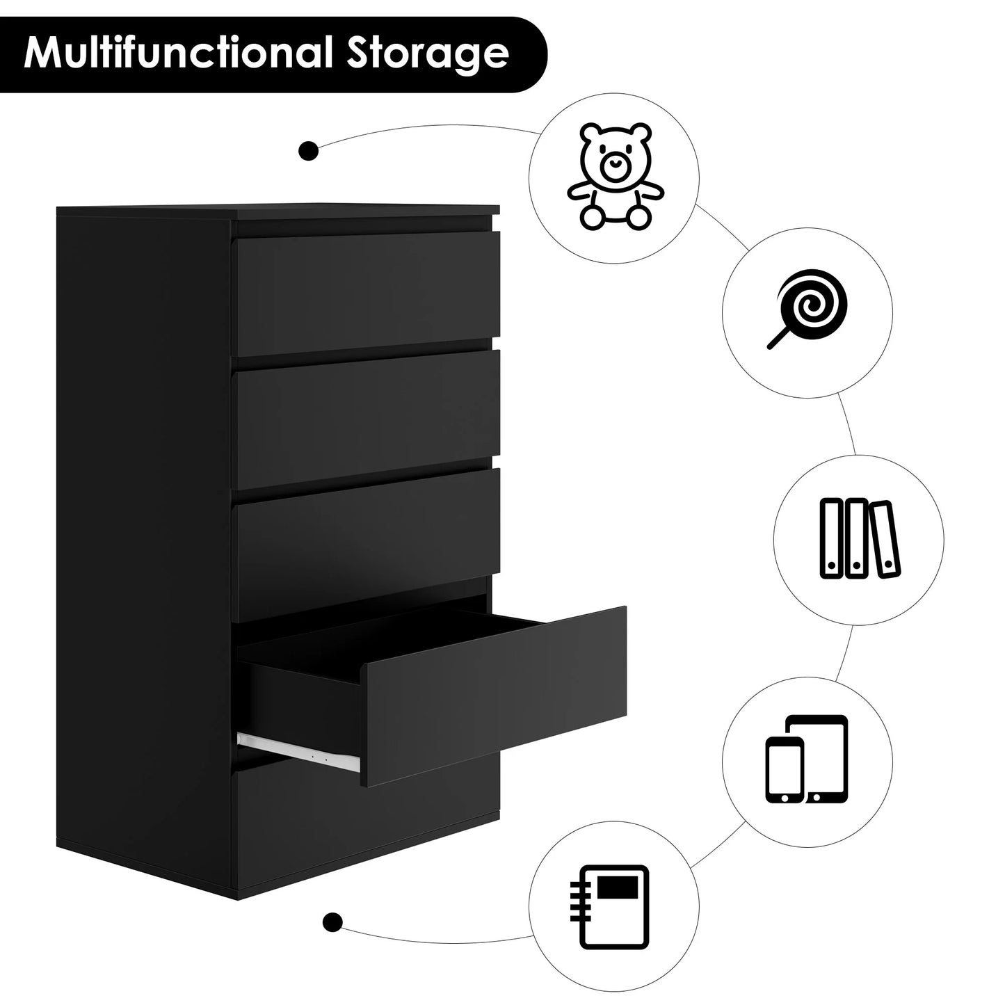 5 Drawer Tall Dresser, Modern Storage Cabinet Wood Bedroom Nightstand for Living Room, Black